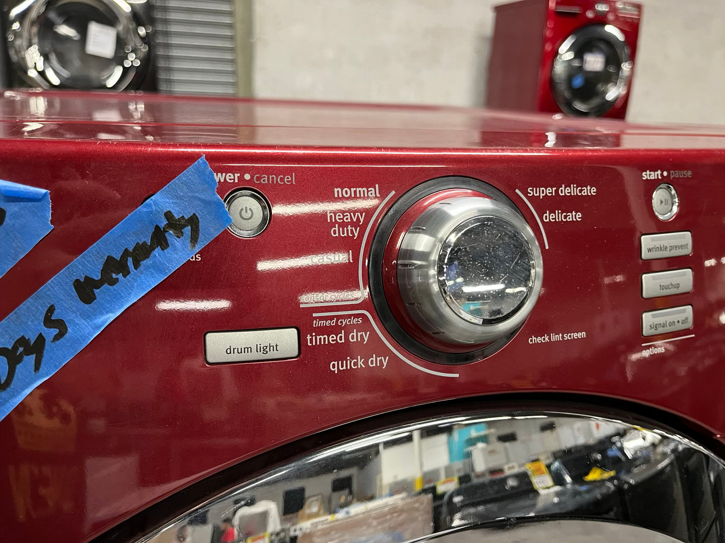 Maytag Dryer electric 220v in red front load w/pedestal extra storage stainless steel drum large capacity 27" refurbished #ED342AB