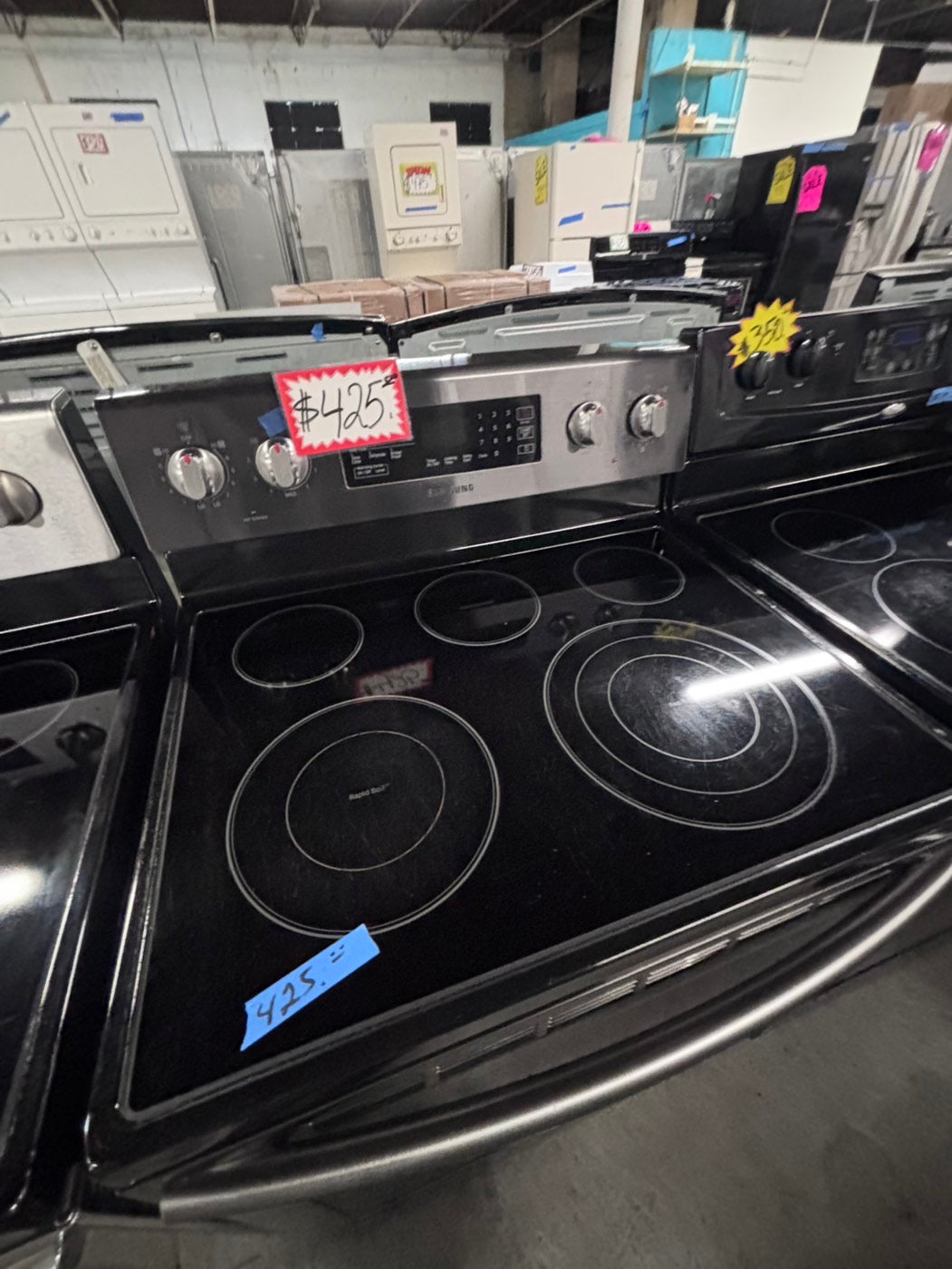 >Samsung  electric 220v glass top  range 5 burner flex duo oven used -Refurbished convection bake Broil self clean black stainless steel 30" #ESS61B