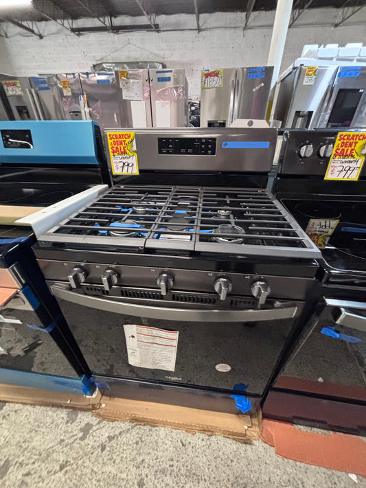 >>new open box New Whirlpool five burners gas stove ,bake /broil  black stainless steel #GSZZ3VB