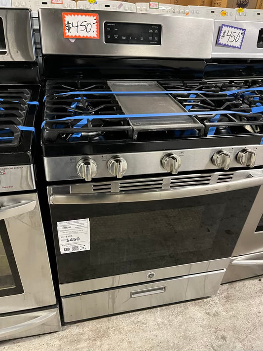 GE gas range stainless steel 5 burner bake broil hi/lo 30" #ER675FB