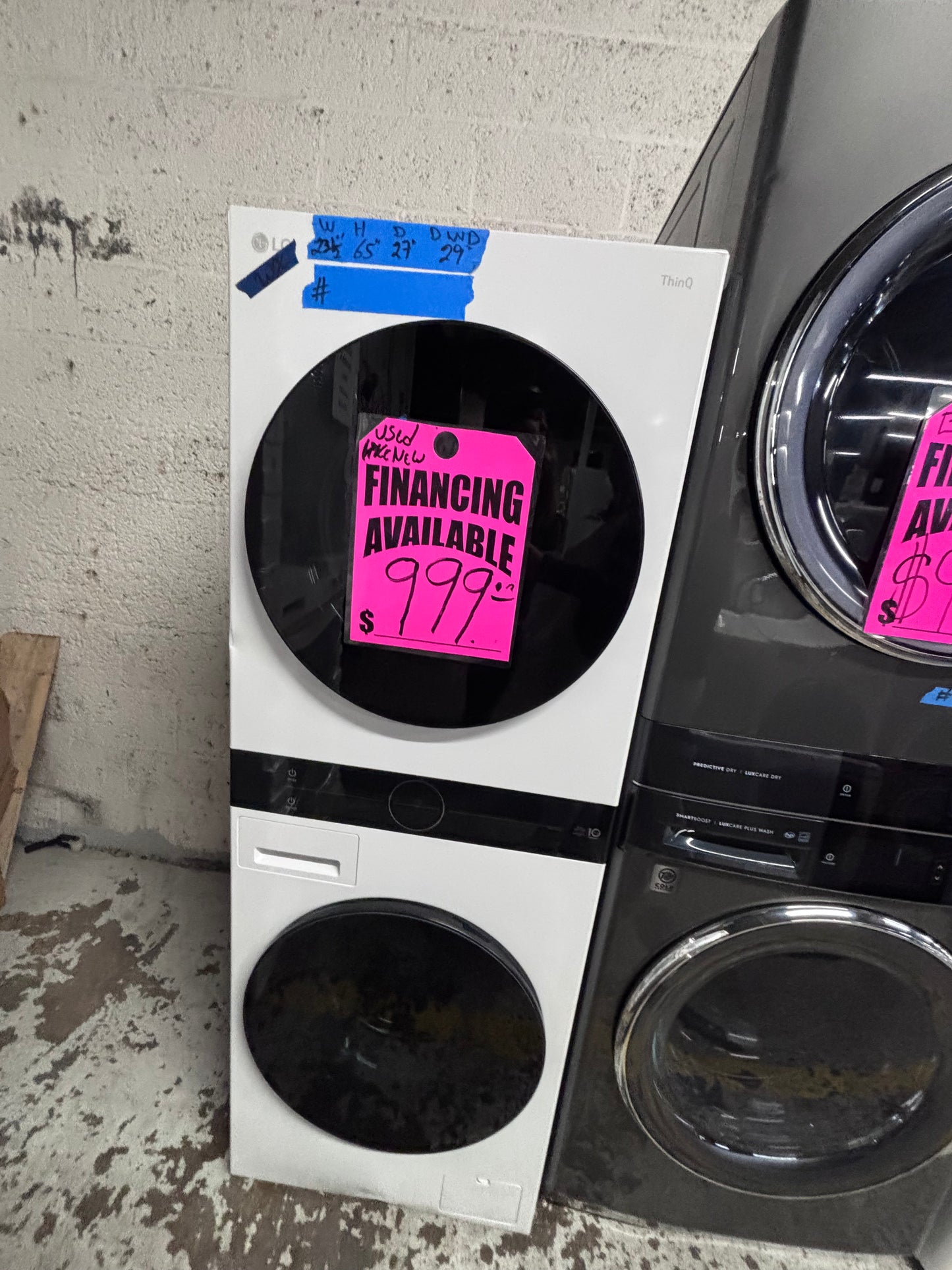 >>LG TQ 24” x 65h wash-tower (washer & dryer) 220v washer & dryer set used -in  white 24" #WTLT9B