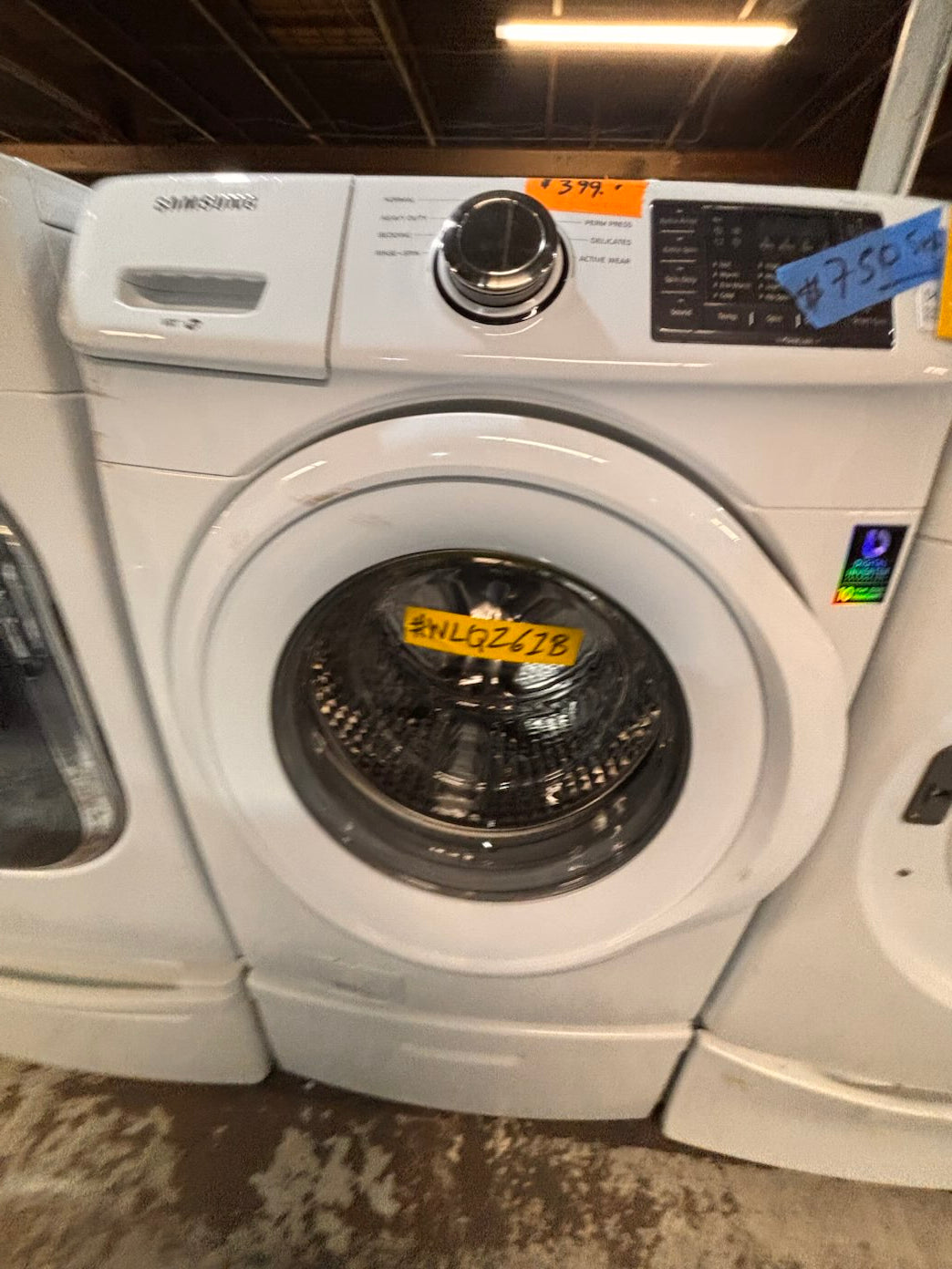 }}Samsung used- refurbished front load electric 220v dryer & washer large  capacity with pedestals in white color 27” working 💯 with warranty #FLSG427B