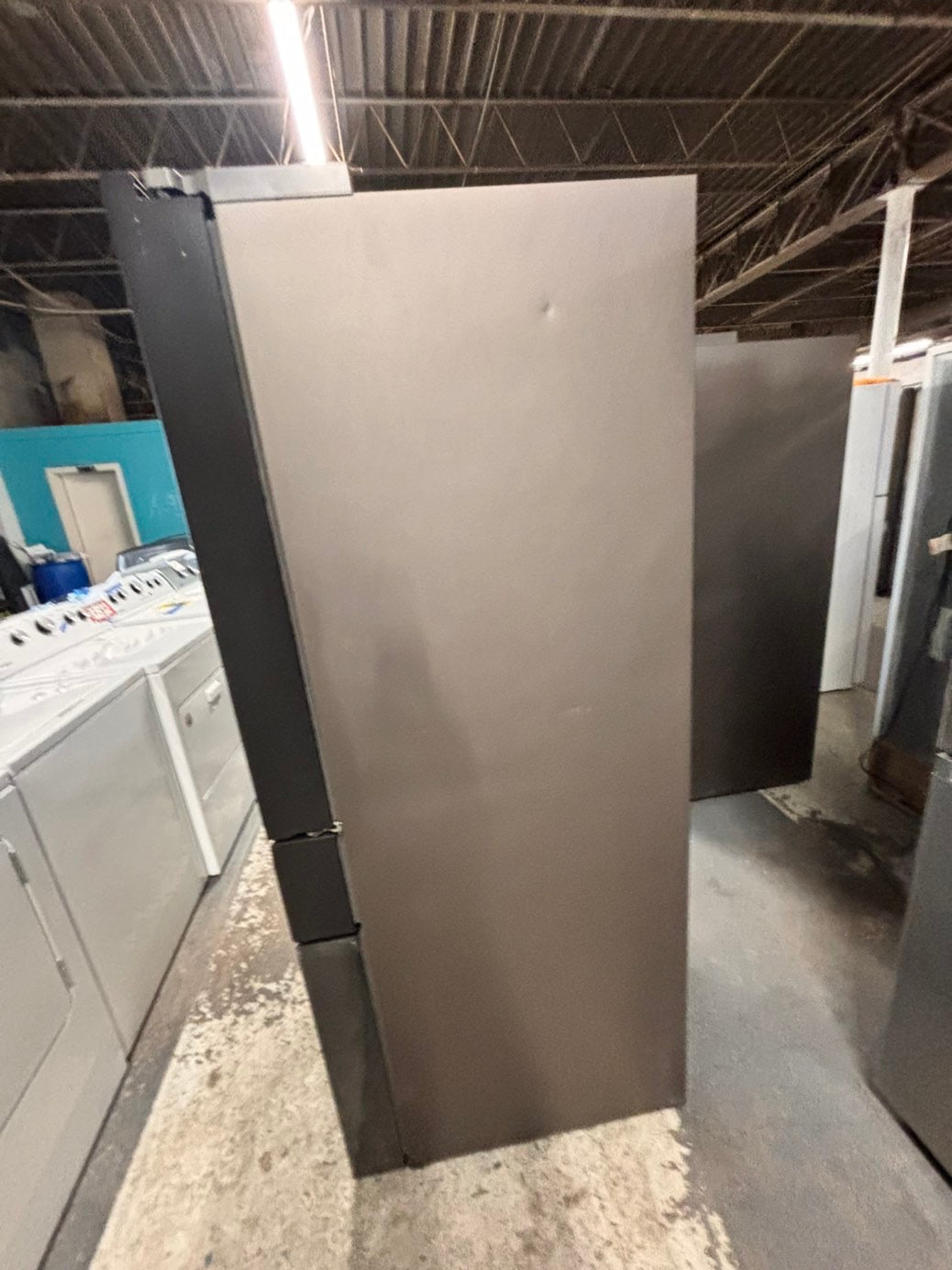 >new open box costumer return  Samsung Bespoke 23 cu. ft. Counter Depth 4-Door French Door Refrigerator in Stainless Steel with Family Hub in Charcoal Glass #RFFH1D41B