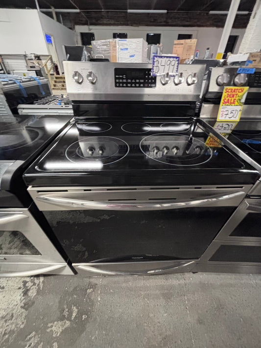 >*frigidaire Air-fry Glass Top electric stove stainless steel convection oven bake broil 5 burner Self clean 30” used-Refurbished #FEA5Q1B