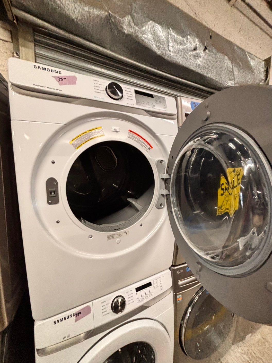 >Samsung Sensor dry steam electric 220v dryer front load stainless steel drum 7.5cu.ft. large capacity  27" white #WDS46BL