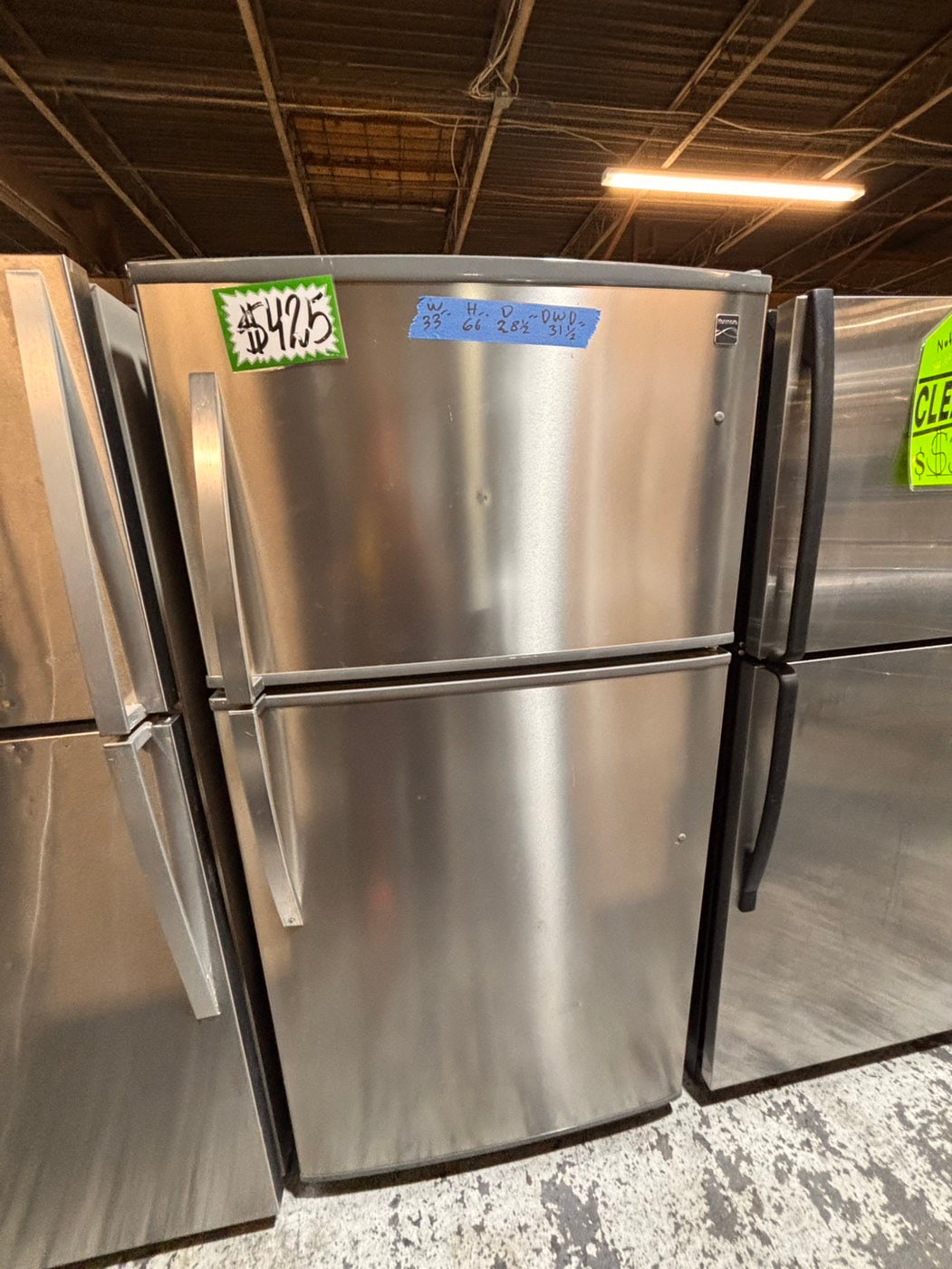>*kenmore 33” Top freezer fridge   ,stainless steel. used-refurbished #RTKE91B