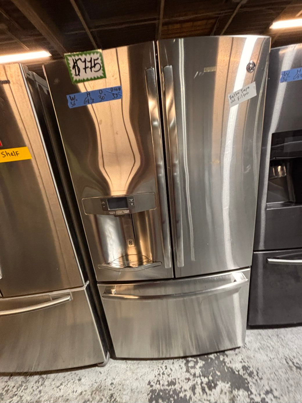 }}LG used-Refurbished LG 36”w x69h x 30” depth refrigerator stainless steel w/ice & water dispenser  #FDLD773B