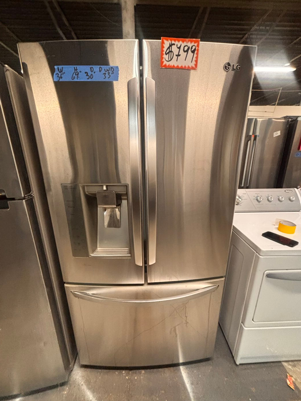 }LG used-Refurbished LG 36”w x69h x 30” depth refrigerator stainless steel w/ice & water dispenser  #FDLS3073B