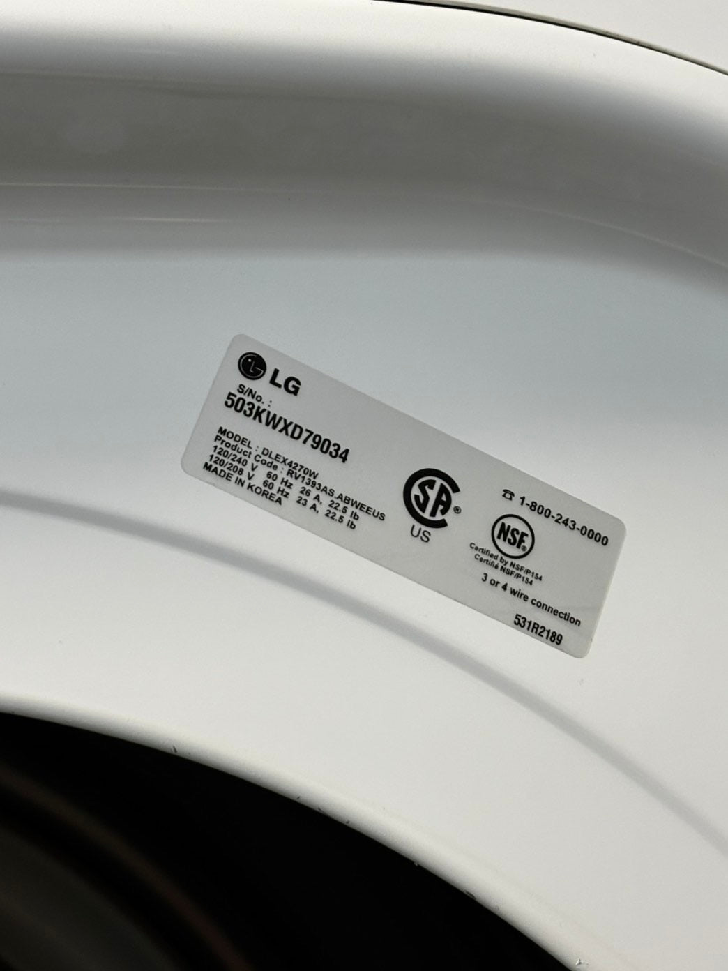 -LG steam cycle washer 4.5 cu ft & dryer 7.5 cu ft set electric 220v front load stackable sensor dry He In white #WD834JL