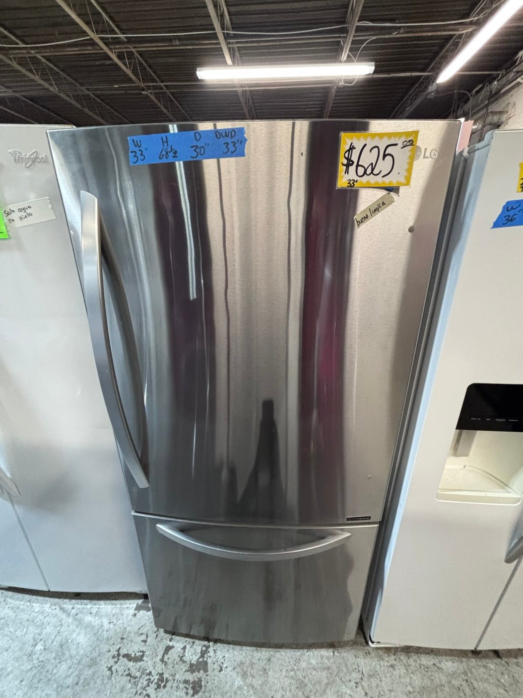 } LG 33” x68 1/2 height x 30”depth bottom freezer fridge   ,stainless steel. used-like new , refurbished #BFLG151B