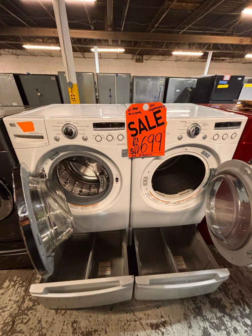 }}SALE🔥LG used- refurbished front load electric 220v dryer & washer large  capacity with pedestals in white color 27” working 💯  with warranty #FLZ5527B