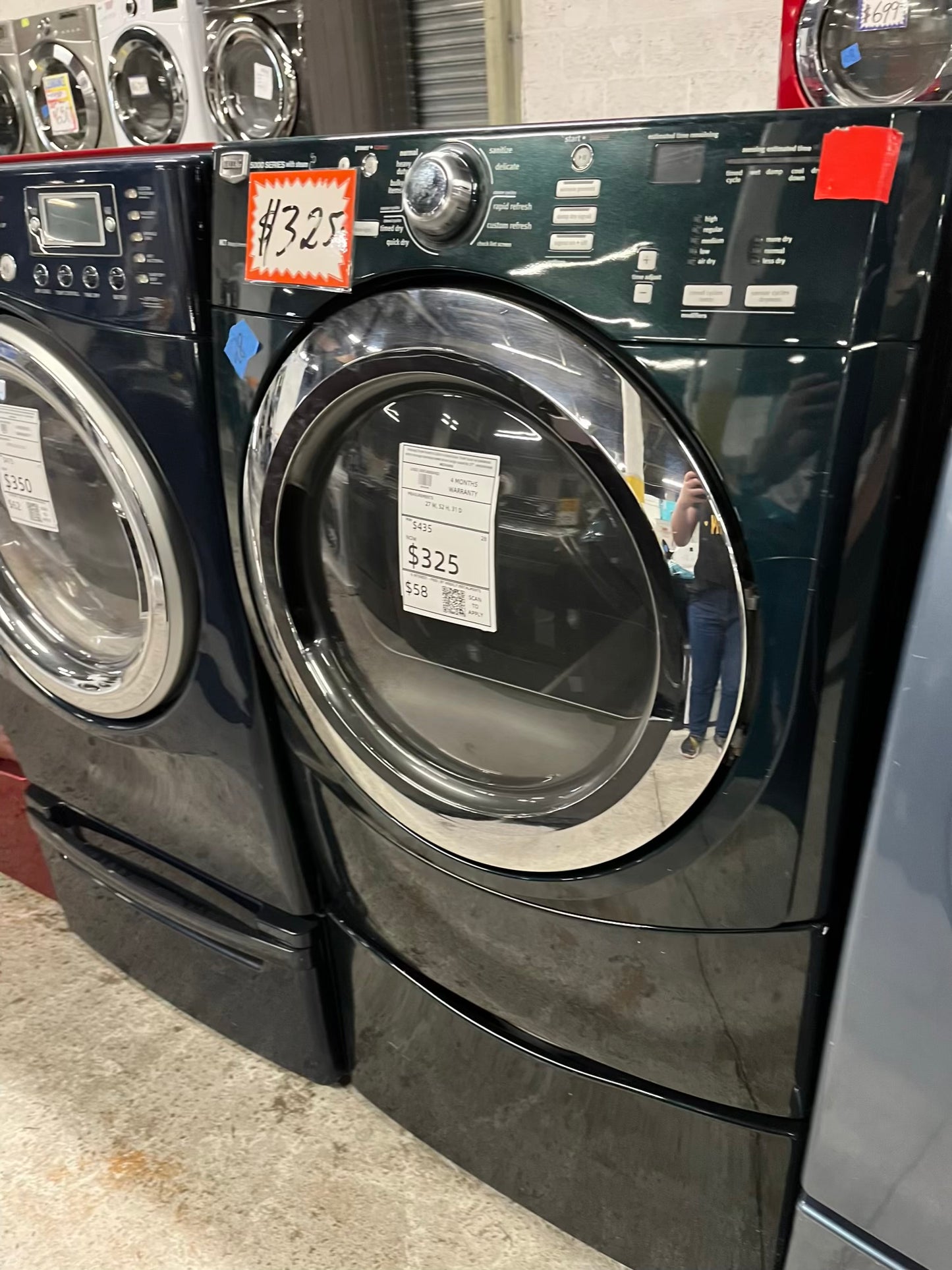 Clearance 🔥🎈Maytag Dryer electric 220v in dark green front load w/pedestal extra storage stainless steel drum large capacity 27" refurbished #ED346HB
