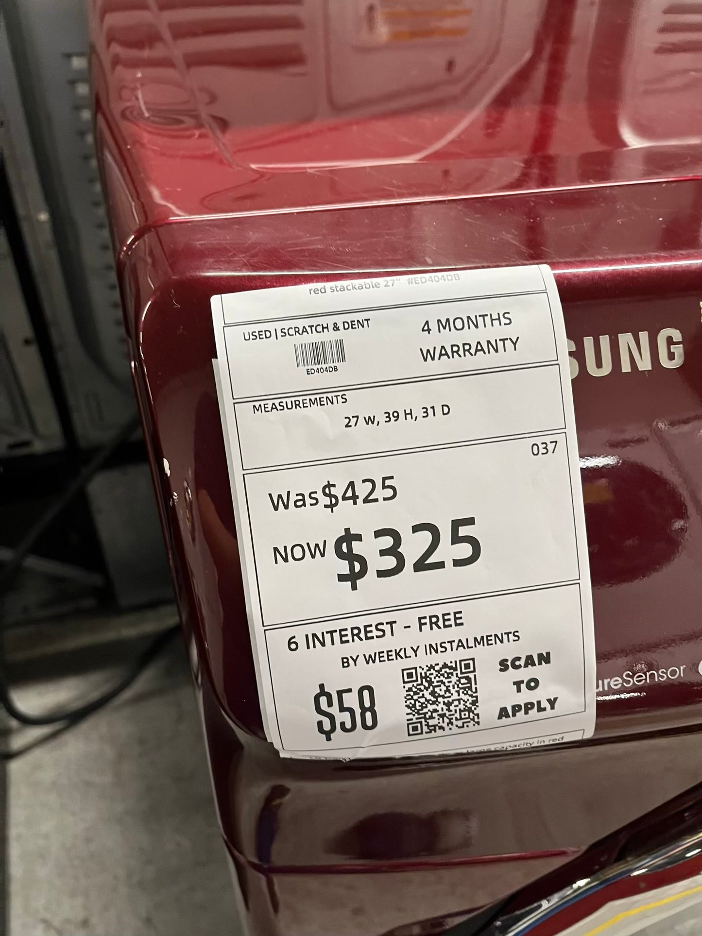 Samsung front load stackable electric 220v dryer in red 27" #ED404DB