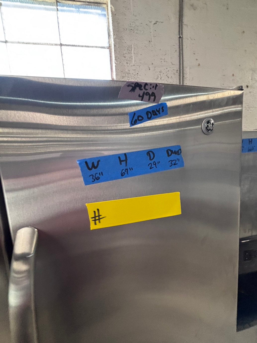 >*36” x 69h GE side by side Refrigerator and freezer stainless steel w/ice water dispenser 36” #SBTT7B