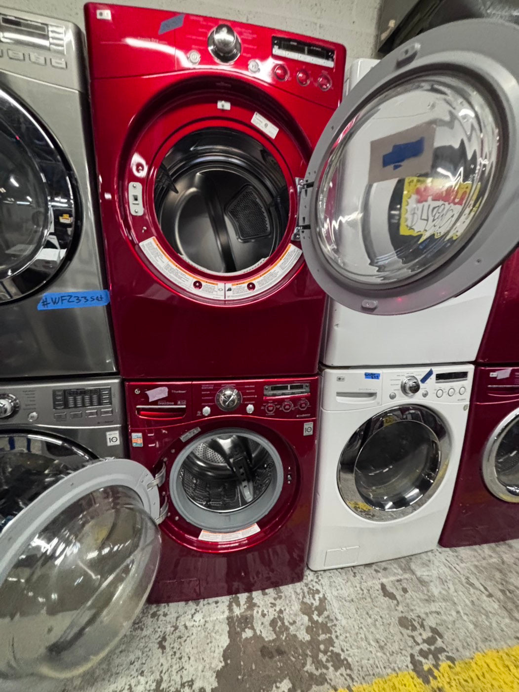 >LG washer 4.0cu ft & dryer 7.5 steam set electric 220v front load stackable or side by side - sensor dry in red  #WEG74BR