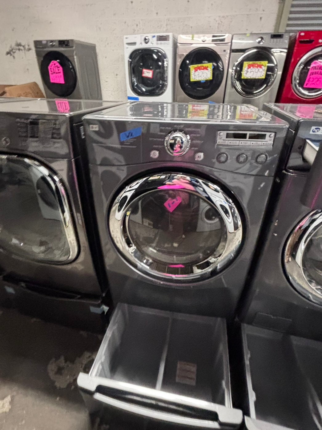 >used- refurbished LG front load washer & dryer set electric 220v large capacity with pedestals in gray stainless steel 27” #ELPV65B