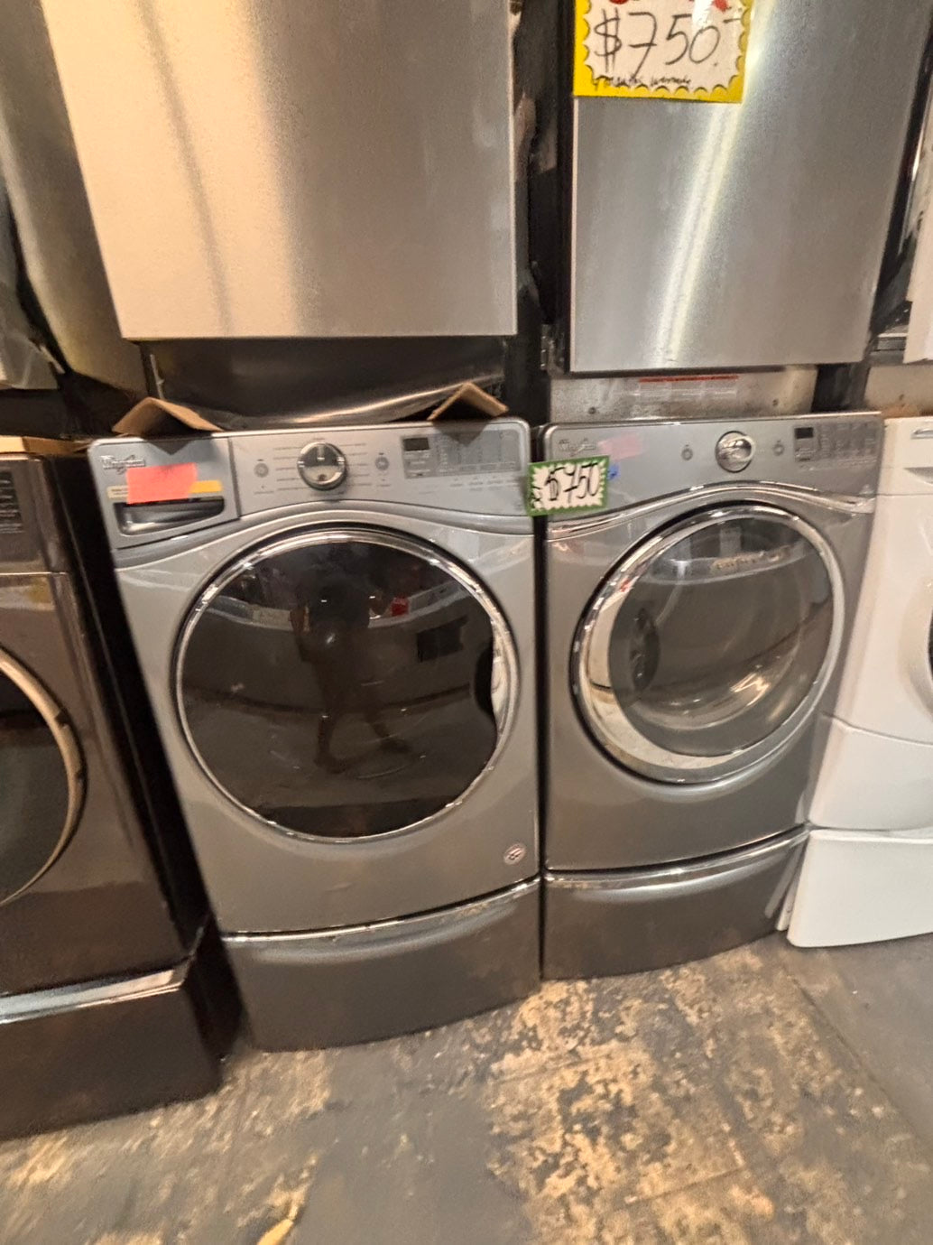 >*SALE🔥used- refurbished whirlpool front load electric 220v dryer & washer large  capacity with pedestals in silver color 27” #WSS8KV7B