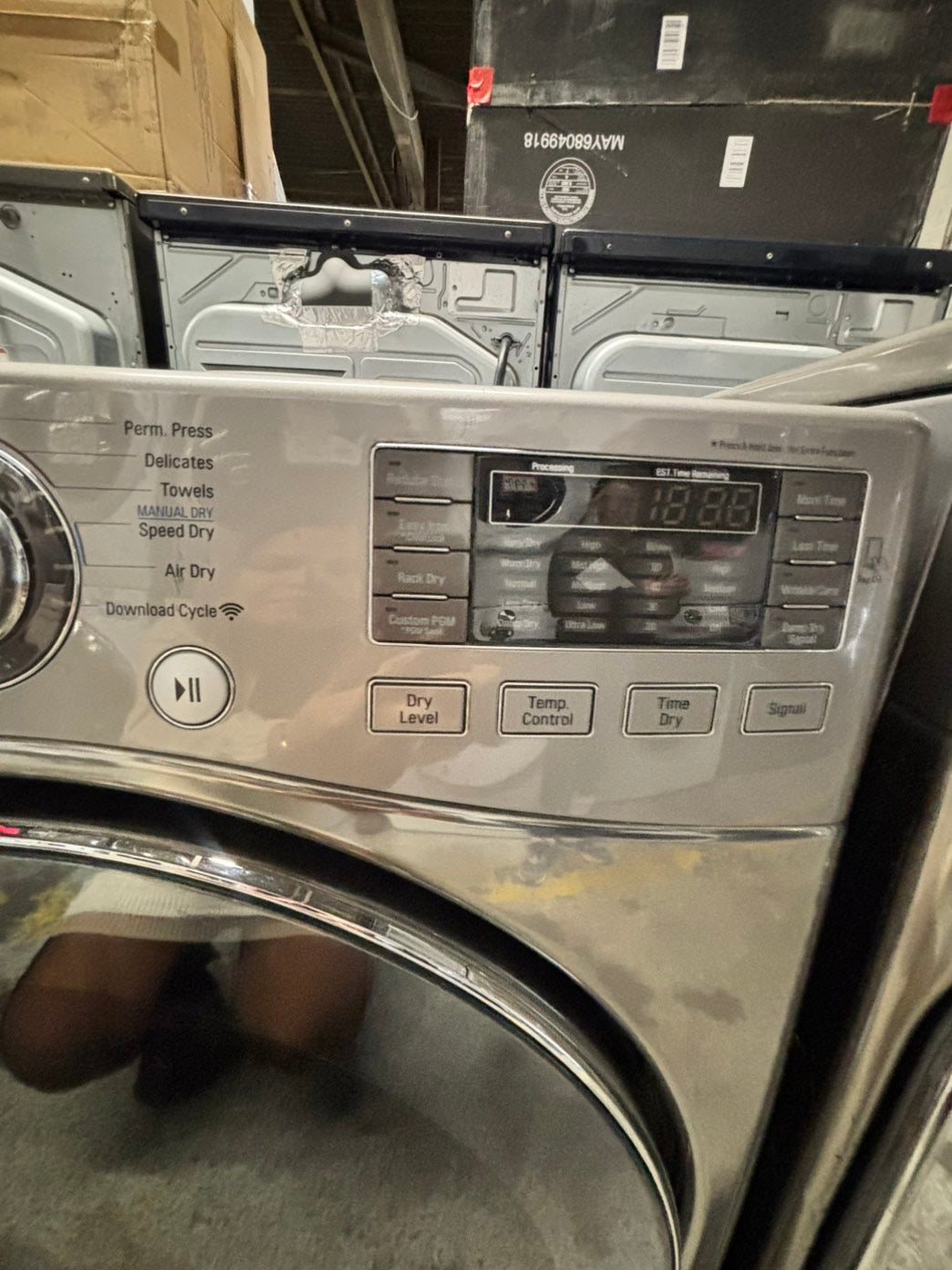 -LG steam front load stackable GAS dryer stainless steel drum in gray color 27" #ED413GB