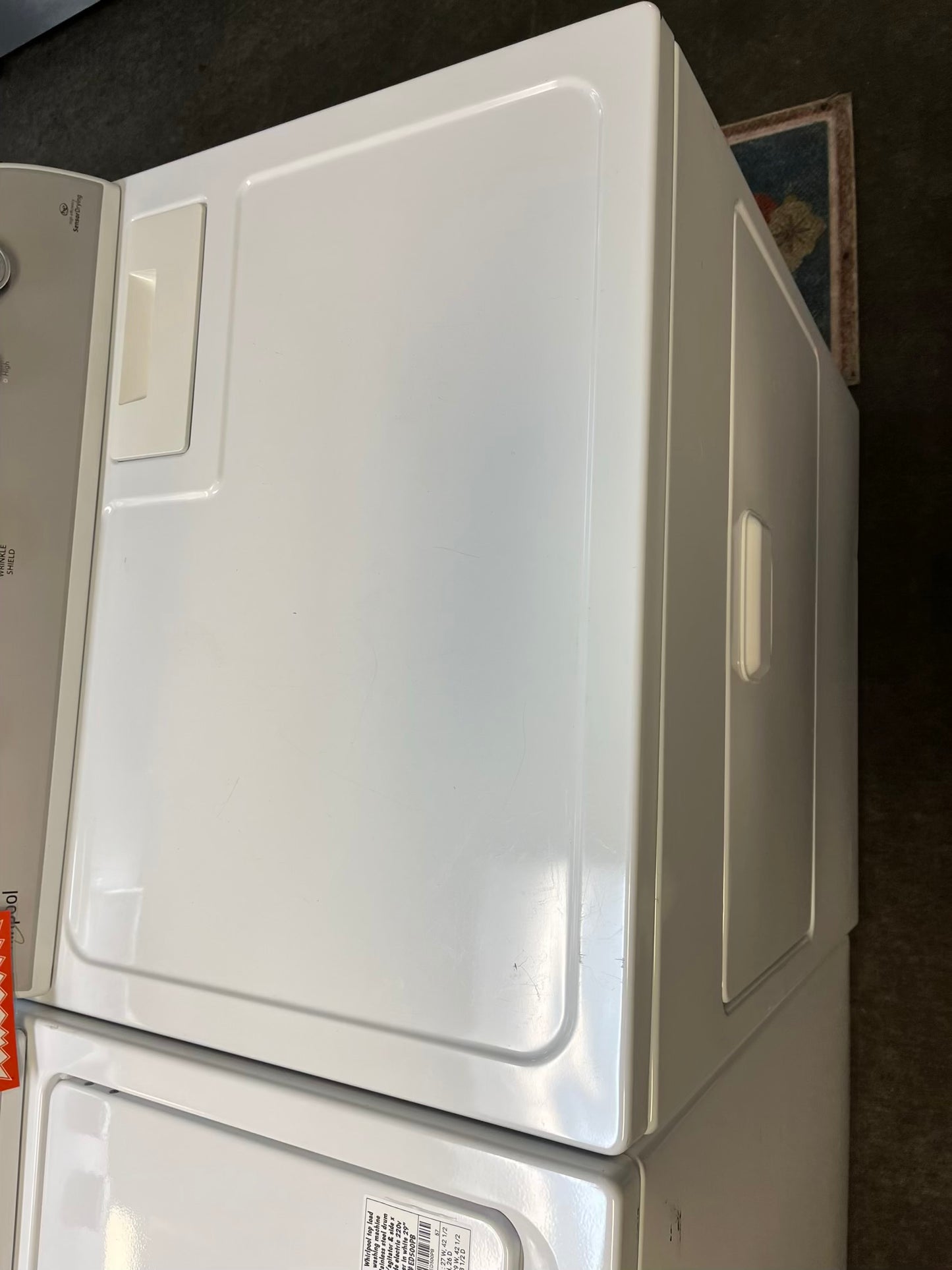 - Whirlpool top load washing machine 4.0 cu ft stainless steel drum w/agitator & side x side electric 220v dryer in white 29" #ED500PB-TR