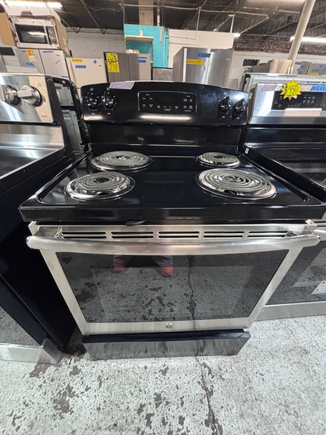 >*GE stainless steel & black electric coil top range coil 220v bake /Broil 4 burner used-Refurbished  great condition 30" #ESCC115B