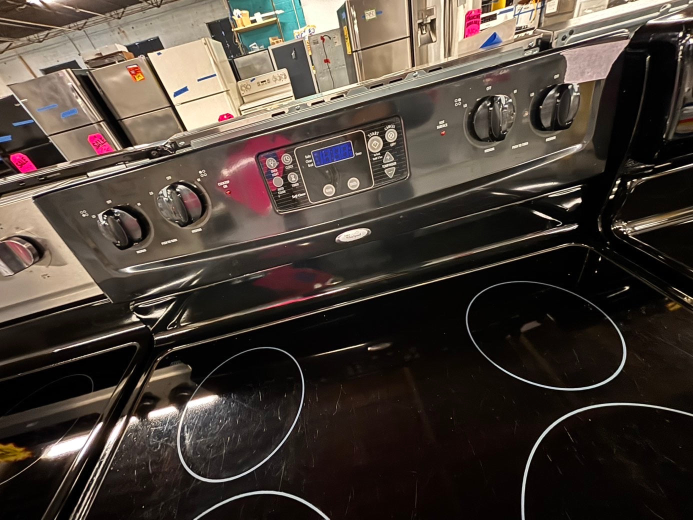 >🔥Sale🔥whirlpool Glass Top electric stove black  bake broil 4 burner Self clean 30”  used-Refurbished #EX5Z4B