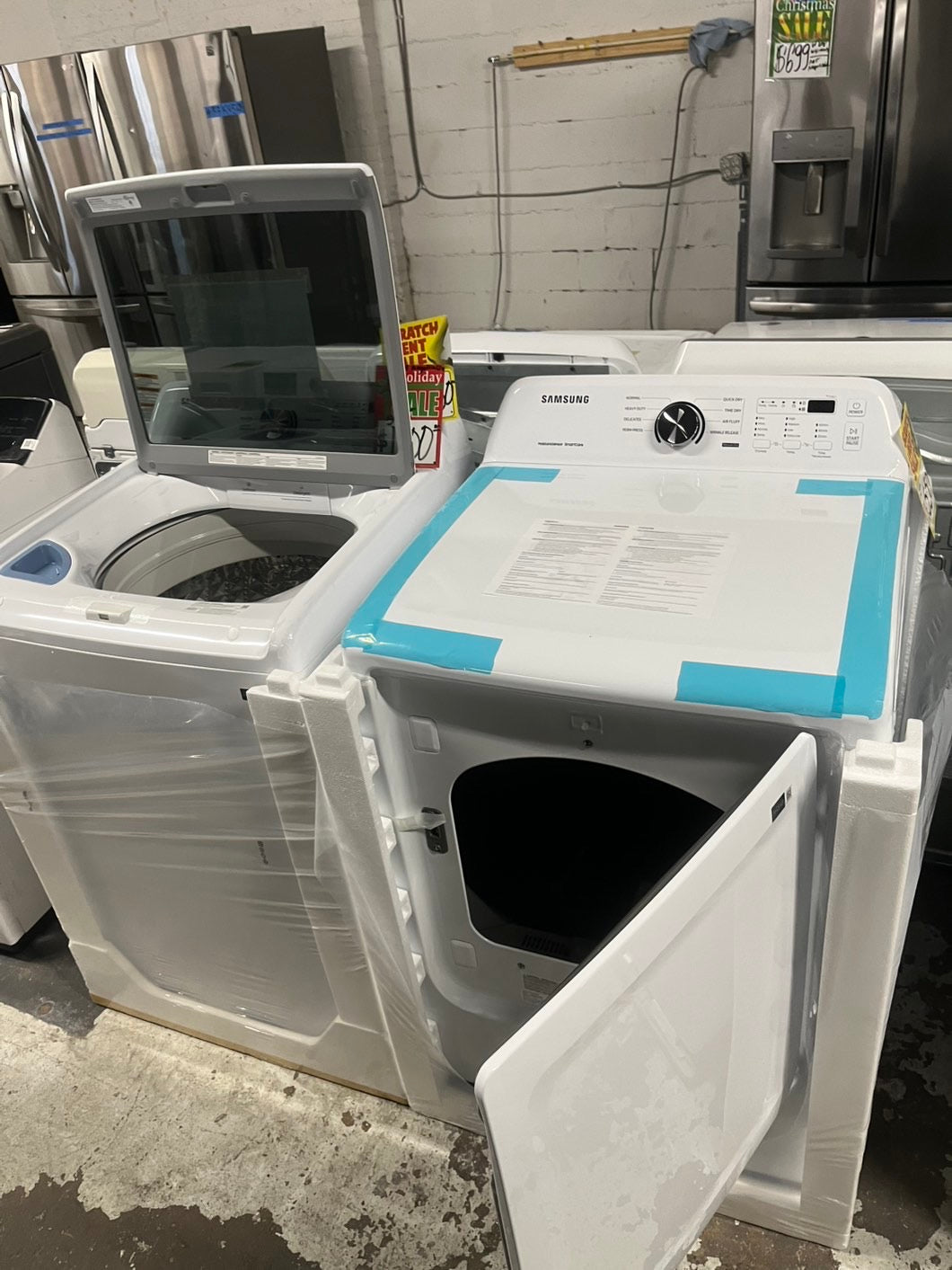 Open box 📦 New S/d New Samsung Top load washer Stainless steel Drum 4.5 Cu.Ft And Electric dryer set 27” wide white #WDSM45B