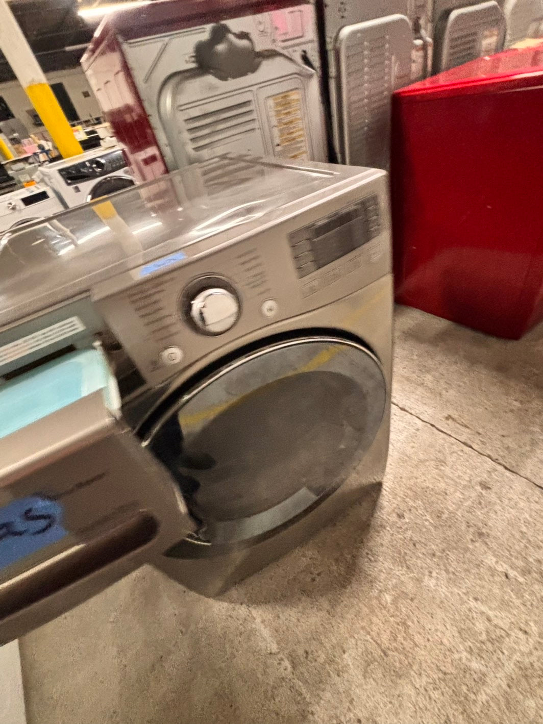 >LG  front load stackable GAS dryer in white , stainless steel drum 27" #ED771GB