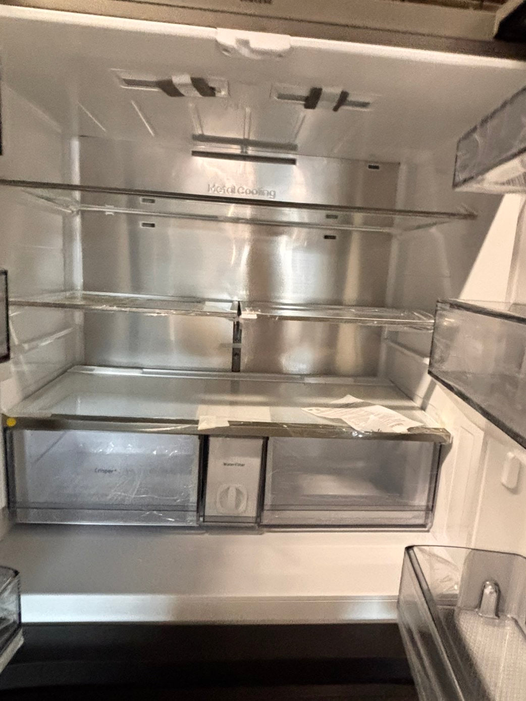 >new open box   Samsung Bespoke 23 cu. ft. Counter Depth 4-Door French Door Refrigerator in Stainless Steel with Family Hub in Charcoal Glass #RFFH8Z41B