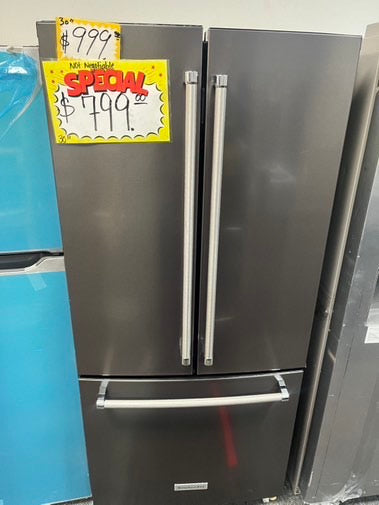 KitchenIAd 30” wide French door Refrigerator blackstainless steel W/ice maker inside Used Refurbished #RF550L