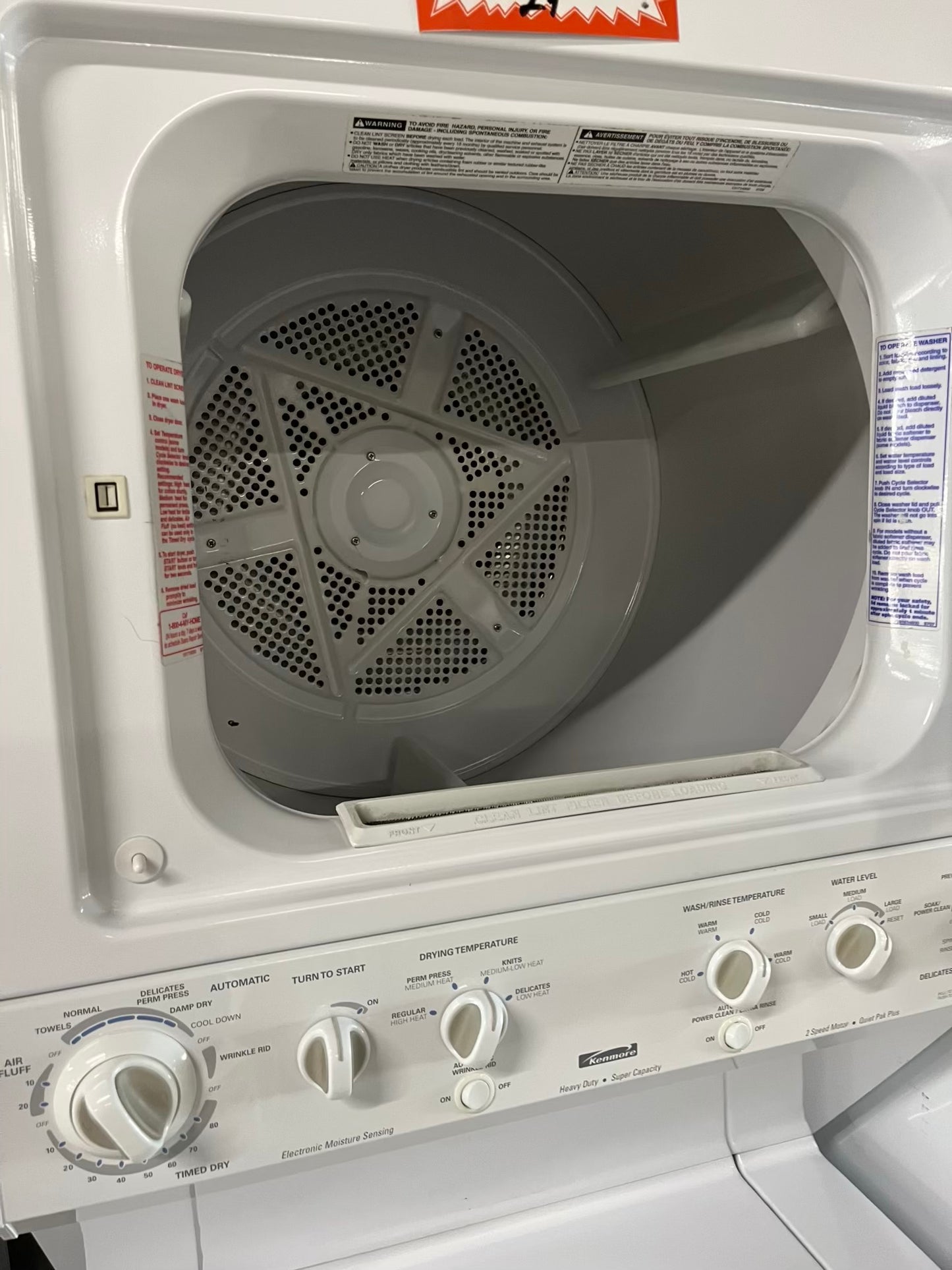 - Kenmore stacked laundry center Electric 220v washer & dryer set in white 27" #LC753AB