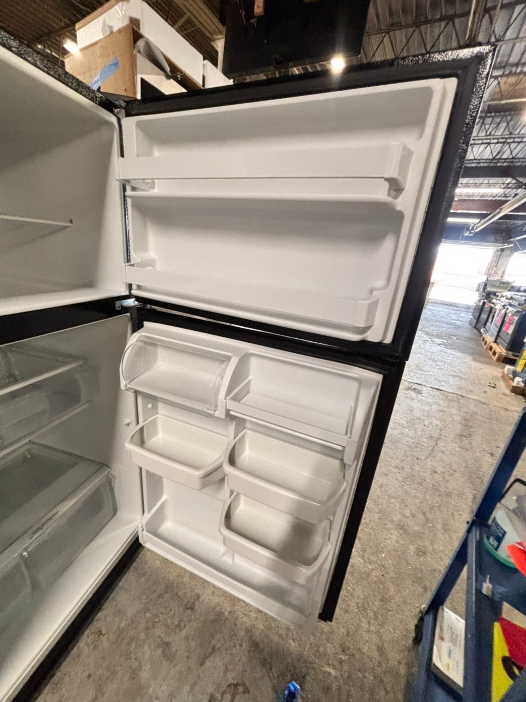 >whirlpool 33” Top freezer fridge  with ice maker inside , black used-refurbished #RW1ZC2B