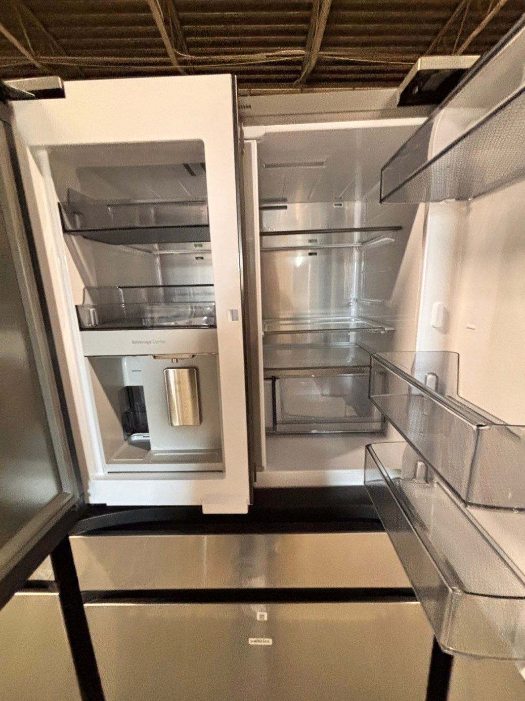 >new open box costumer return  Samsung Bespoke 23 cu. ft. Counter Depth 4-Door French Door Refrigerator in Stainless Steel with Family Hub in Charcoal Glass #RFFH1D41B