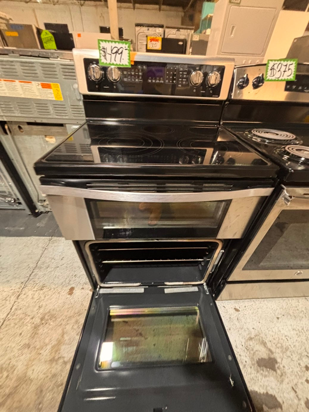 }Whirlpool glass top double oven convection electric range 220v 5 burner stainless steel warm zone bake broil Refurbished fast boil 30" #W6GT16B