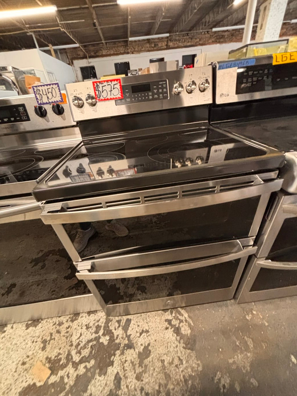 }} GE double oven Airfry convection oven electric 220v glass top range bake Broil roast self clean oven stainless steel working 💯  with warranty ! 30" used-Refurbished #GEST391B