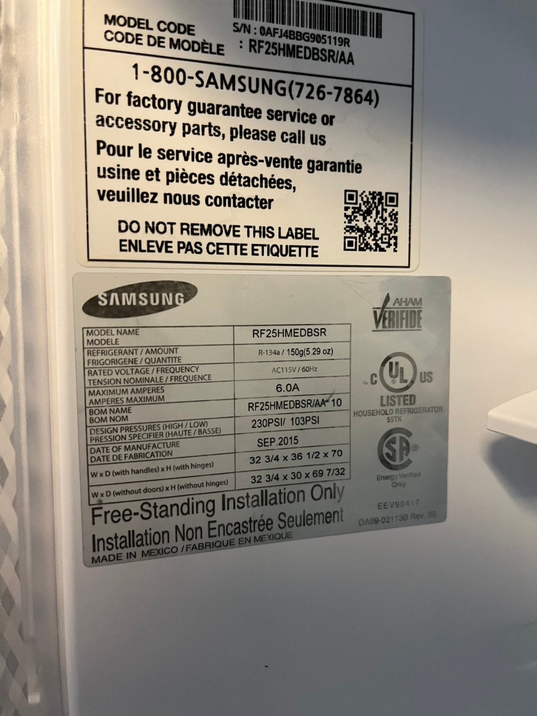 =•Samsung 33” wide 4-doors French door Refrigerator 33w x 69h 30”1/2depth. /stainless steel w/ ice water dispenser 33" #RFSMG338L