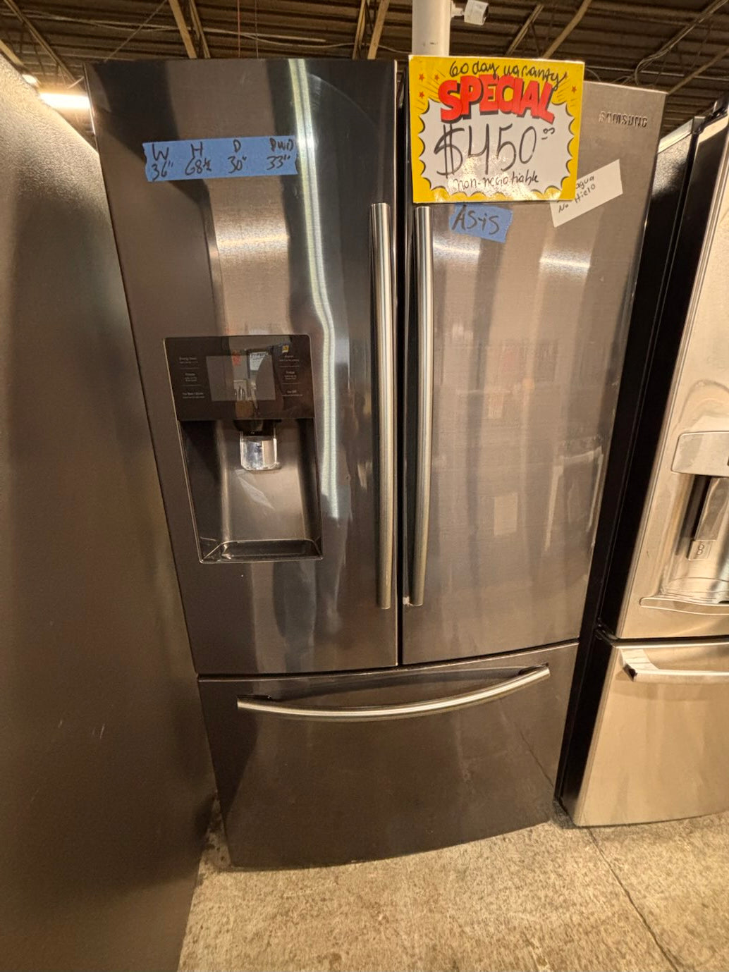 }} SALE 🔥36”Samsung French doors  fridge  stainless steel ((ice maker  doesn’t work) only water works , , doesn’t affect on the others functions. #FDSB13WB