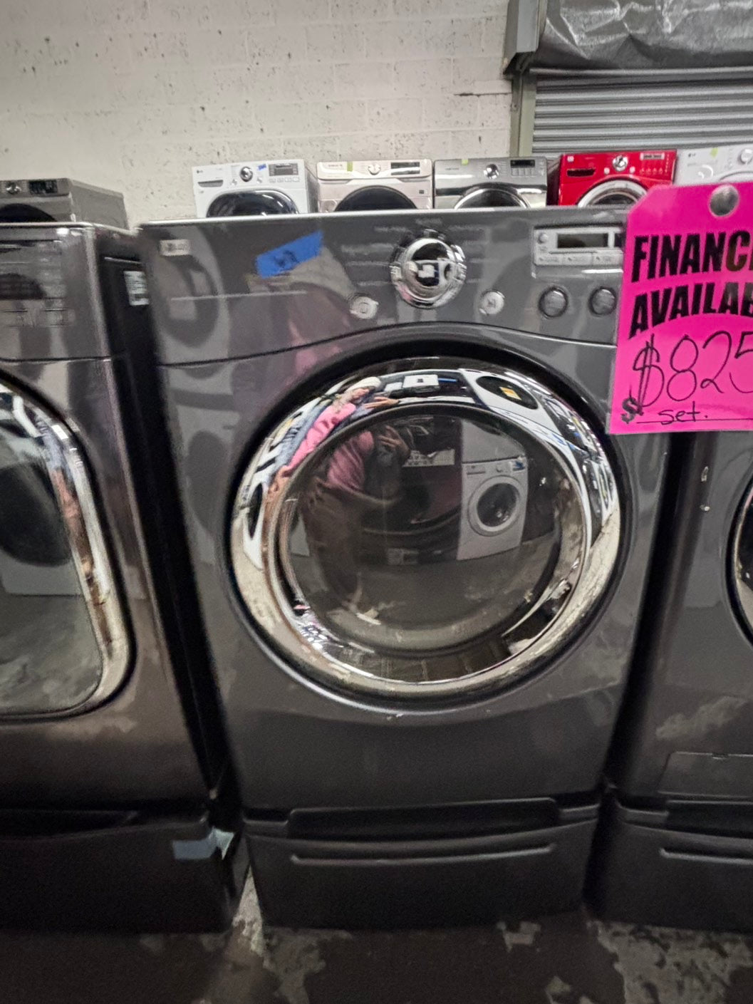>used- refurbished LG front load washer & dryer set electric 220v large capacity with pedestals in gray stainless steel 27” #ELPV65B