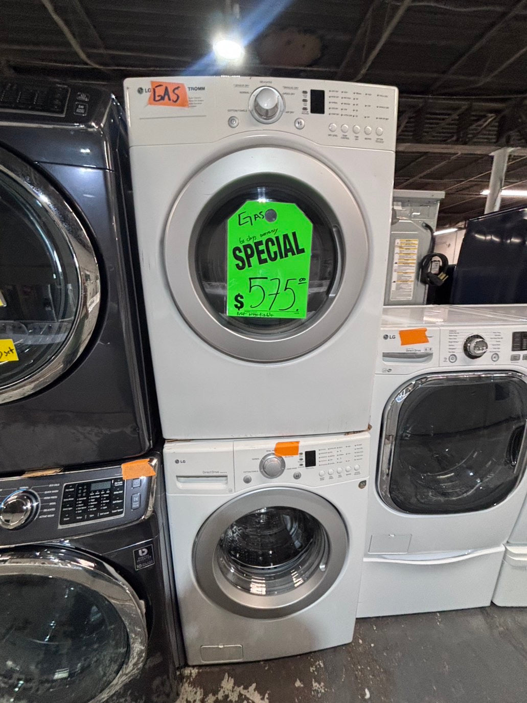 >*special 🔥LG GAS  washer large capacity& dryer steam set front load stackable or side by side white  27” in used-Refurbished #SFL3B6ET