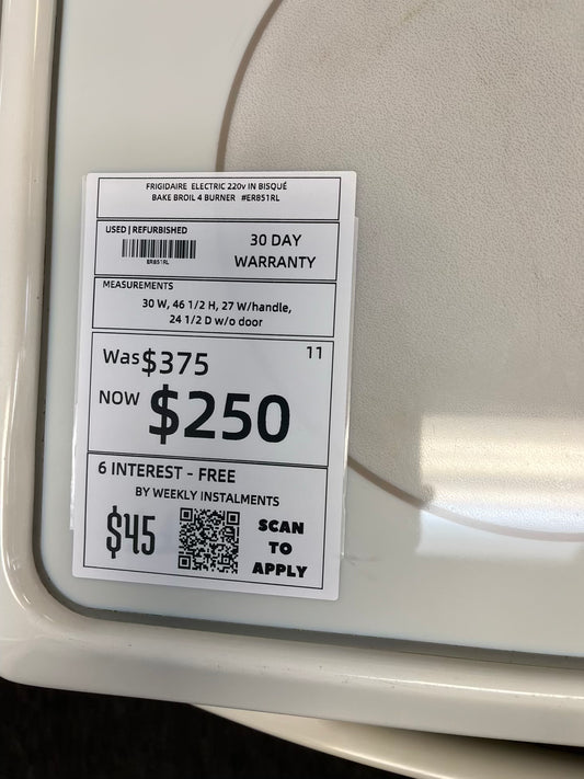 FRIGIDAIRE ELECTRIC 220V IN BISQUÉ BAKE BROIL 4 BURNER #ER851RL