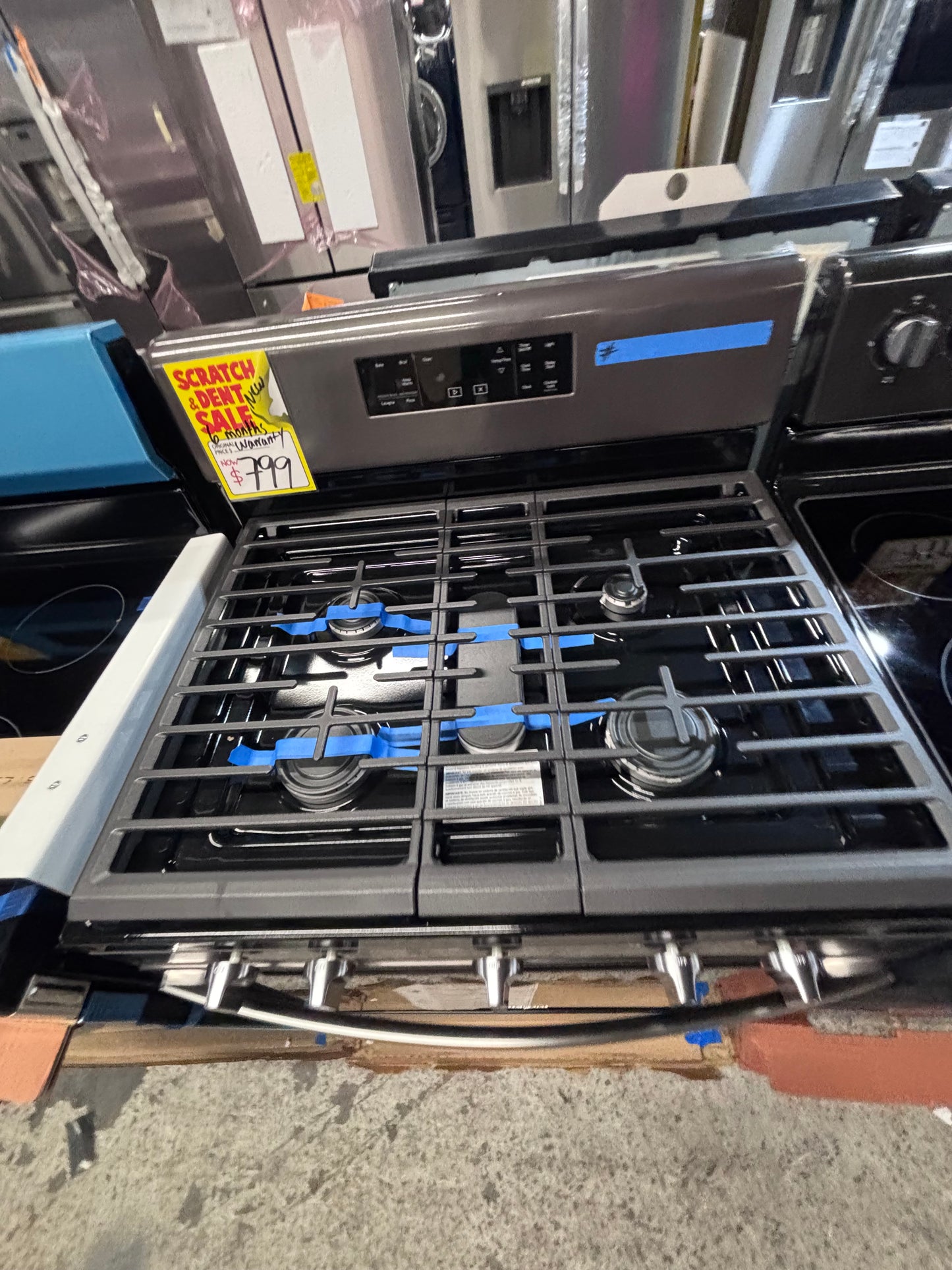 >>new open box New Whirlpool five burners gas stove ,bake /broil  black stainless steel #GSZZ3VB