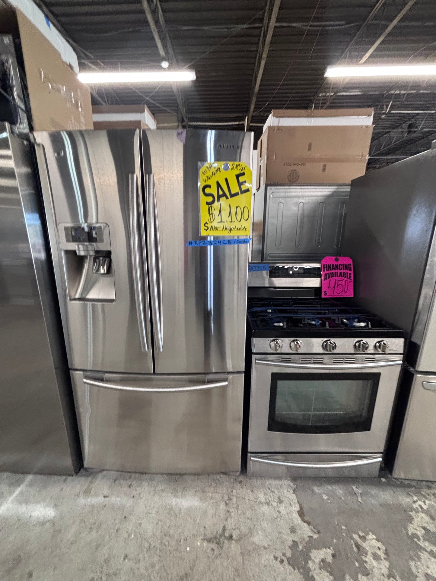 >Special 🎈2pc. Samsung Combo used refurbished -counter depth french door refrigerator 36” x 69h x 25depth ,, Samsung 36” w/ice maker & water dispenser & gas range five burners  #RFZ324CB