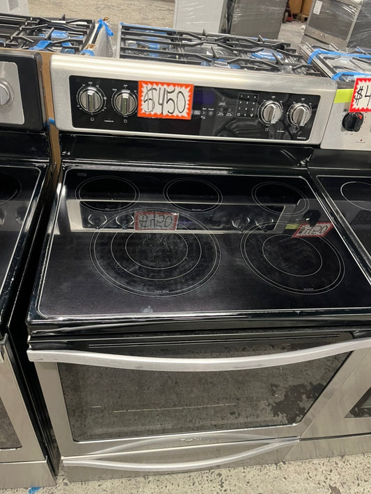 -Whirlpool glass top electric range 220v 5 burner warm zone convection oven Refurbished stainless steel bake Broil  self clean 30" #ERWL22B