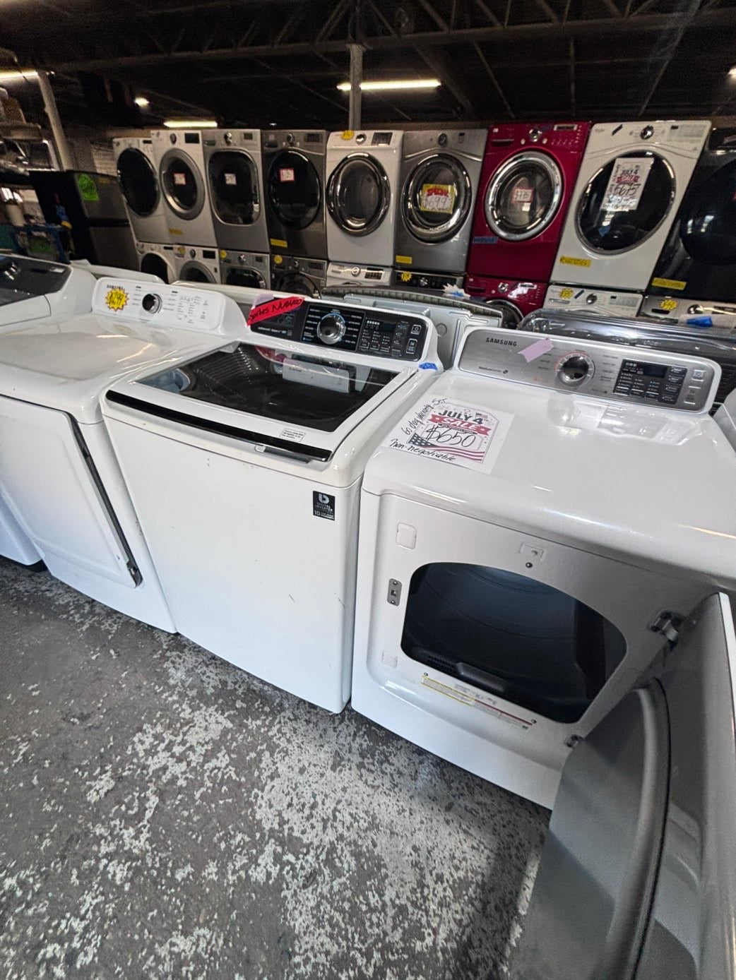 >*samsung white  top top load washer large capacity & dryer set electric 220v side x side top load stainless steel drum white color used-refurbished #W5AABB