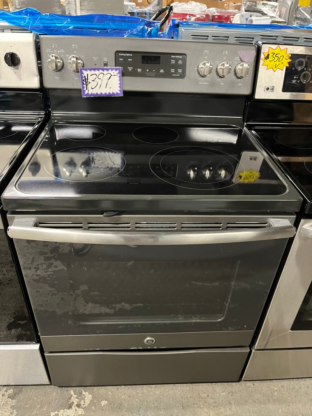 -GE glass top electric range 220V  5  burner warm zone convection bake broil power boil self clean Refurbished Slate 30" #ERS89B