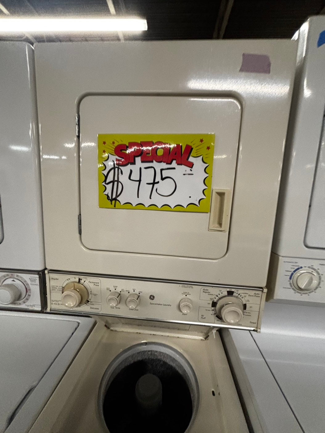 >GE stacked laundry center Electric 220v washer & dryer set used -in off white 24" #LCGY7B