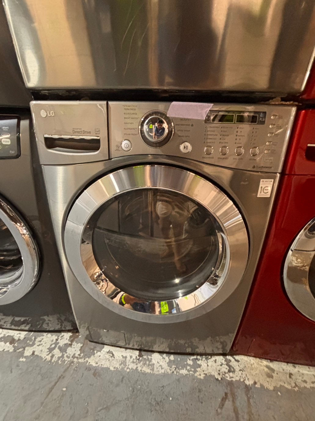 >*Used-great conditions refurbished LG steam washer 4.5cu ft & electric steam dryer 7.5 cu ft large capacity set electric 220v front load stackable or side by side - sensor dry He in silver-gray  #W995SET