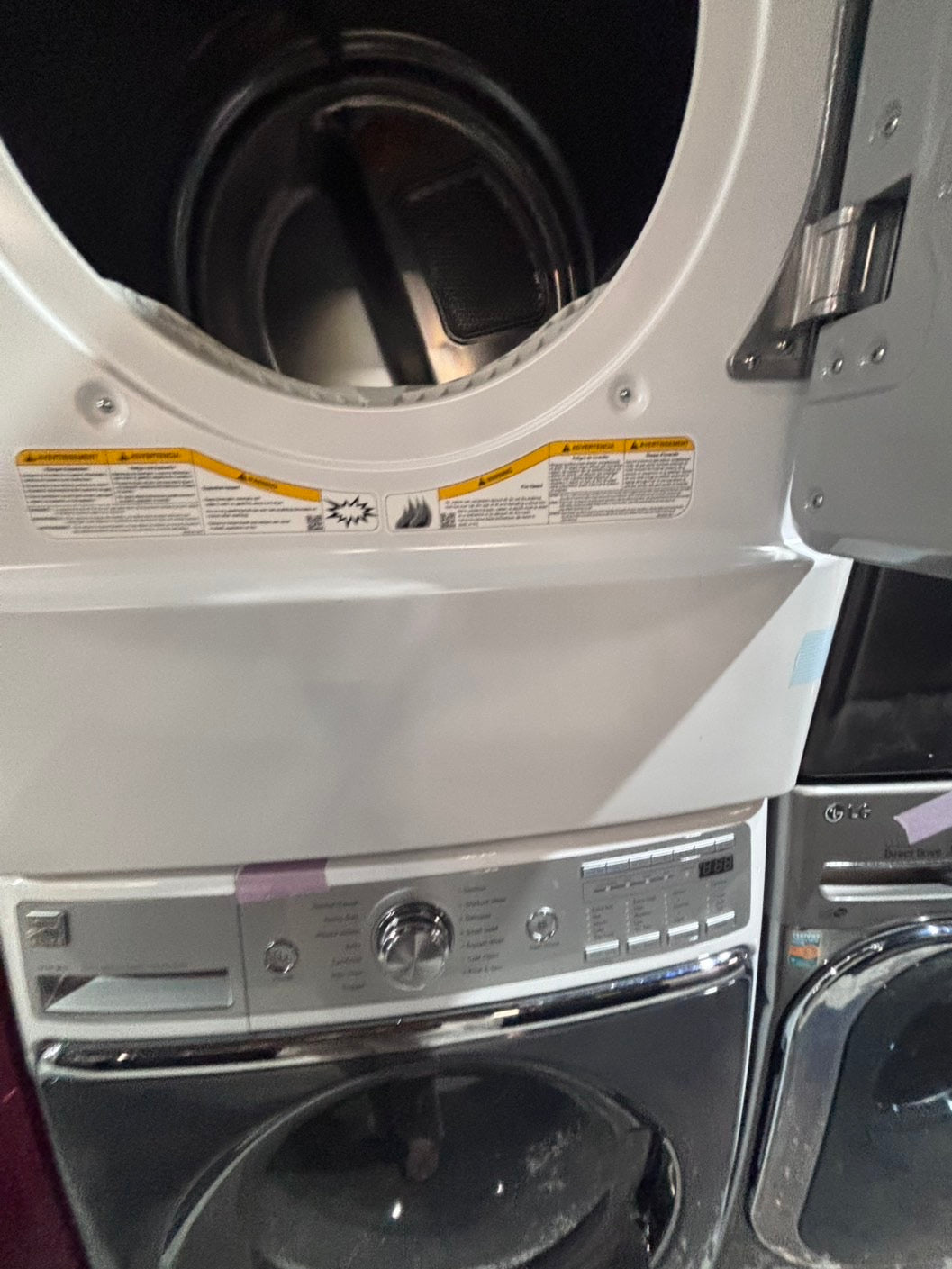 >*special🔥used great condition 29”refurbished kenmore washer & dryer set white color ,electric front load jumbo size stackable or side by side stainless steel drum 29" #WKM5S9B