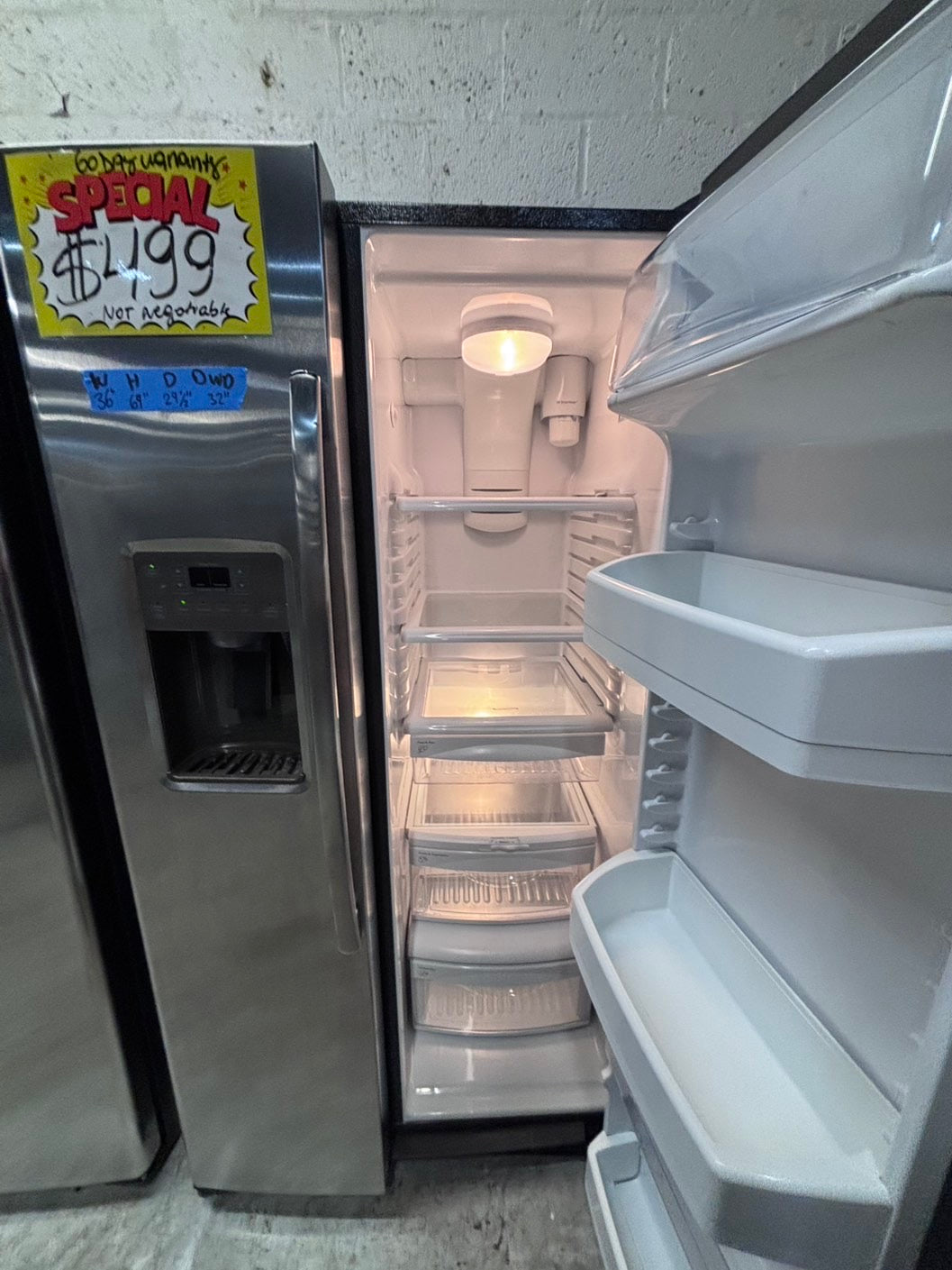 >*36” x 69h GE side by side Refrigerator and freezer stainless steel w/ice water dispenser 36” #SBS52RZB
