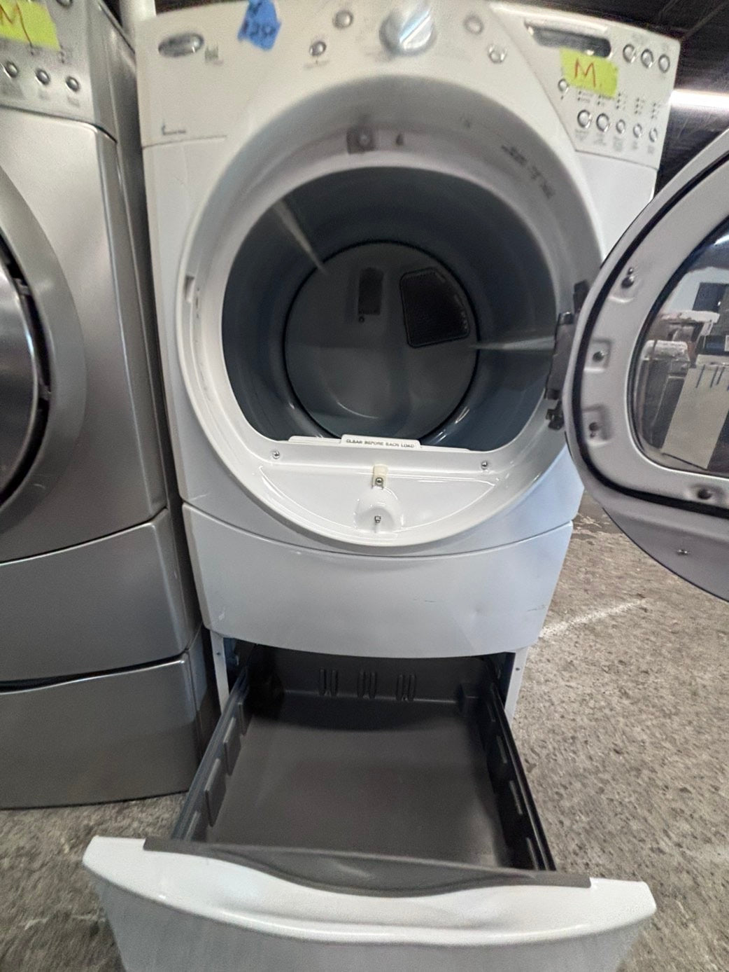>*july 4th 🇺🇸🔥whirlpool Dryer electric 220v in white front load w/pedestal extra storage  drum large capacity 27" refurbished #EDPL15B