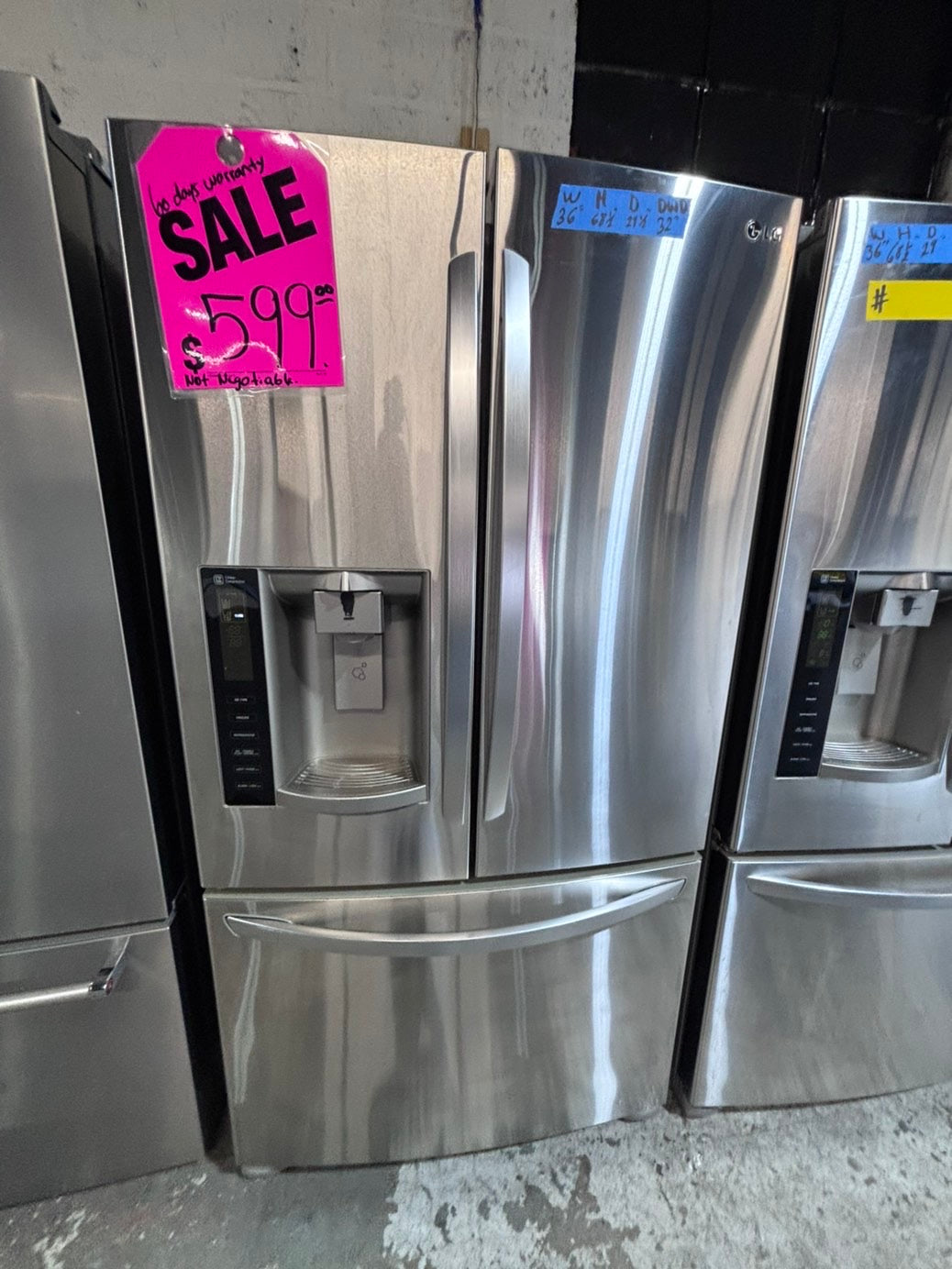 >* special 🔥used-Refurbished LG 36”w x69h x 29 depth refrigerator stainless steel w/ice & water dispenser 36 “ #LGDS73B